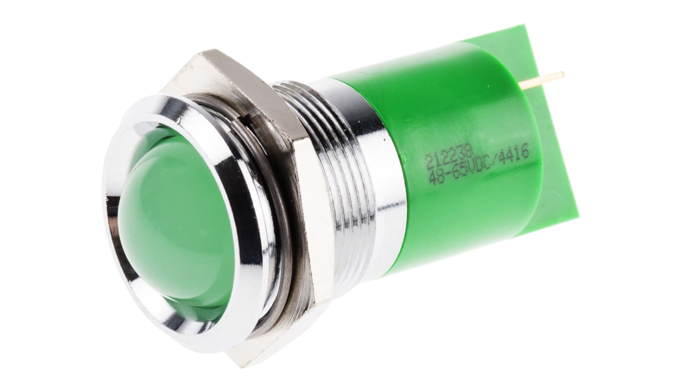 Indicador LED RS PRO, Verde, lente prominente, marco Cromo, Ø montaje 22mm, 48 → 65V dc, 10mA, 95mcd