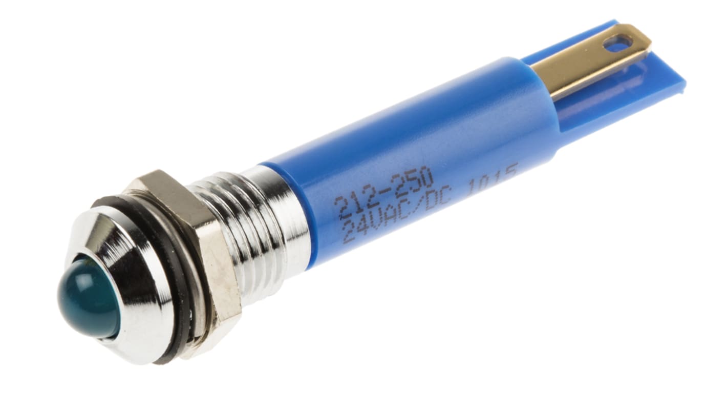 RS PRO Blue Panel Mount Indicator, 24V dc, 8mm Mounting Hole Size, Solder Tab Termination, IP67