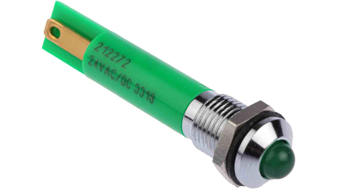 RS PRO Green Panel Mount Indicator, 24V dc, 8mm Mounting Hole Size, Solder Tab Termination, IP67