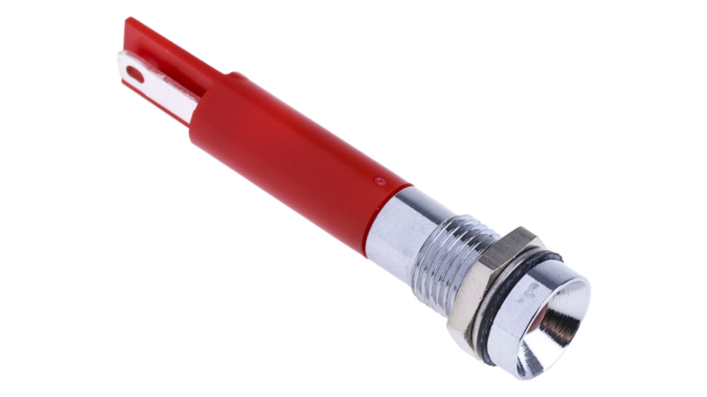Indicador LED RS PRO, Rojo, lente rebajada, marco Cromo, Ø montaje 8mm, 24V dc, 20mA, 6000mcd, IP67