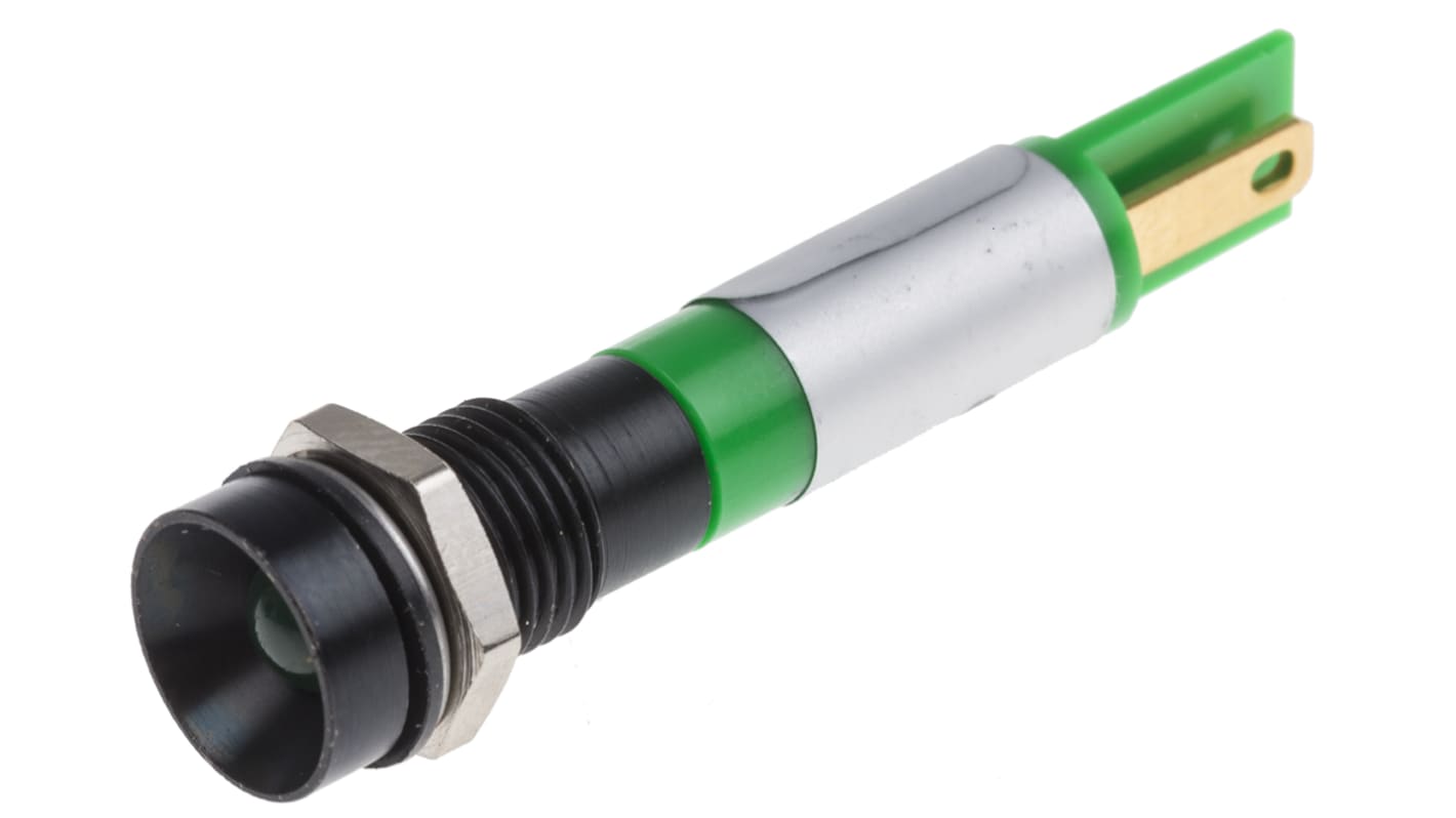 RS PRO 绿色LED面板指示灯, 12V, 17mA, Φ8mm安装孔, 焊片端接, 凹入式边框, IP67