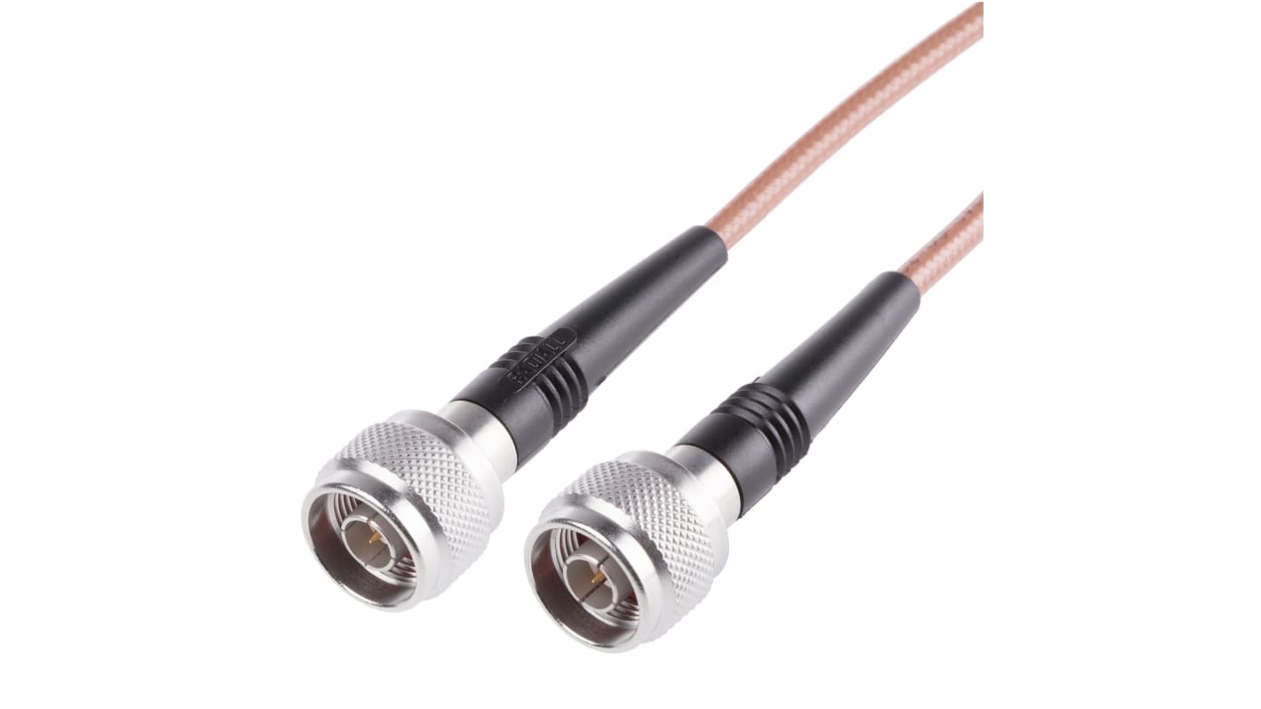 Cable coaxial RG142 Radiall, 50 Ω, con. A: BNC, Macho, con. B: Tipo N, Macho, long. 500mm Marrón