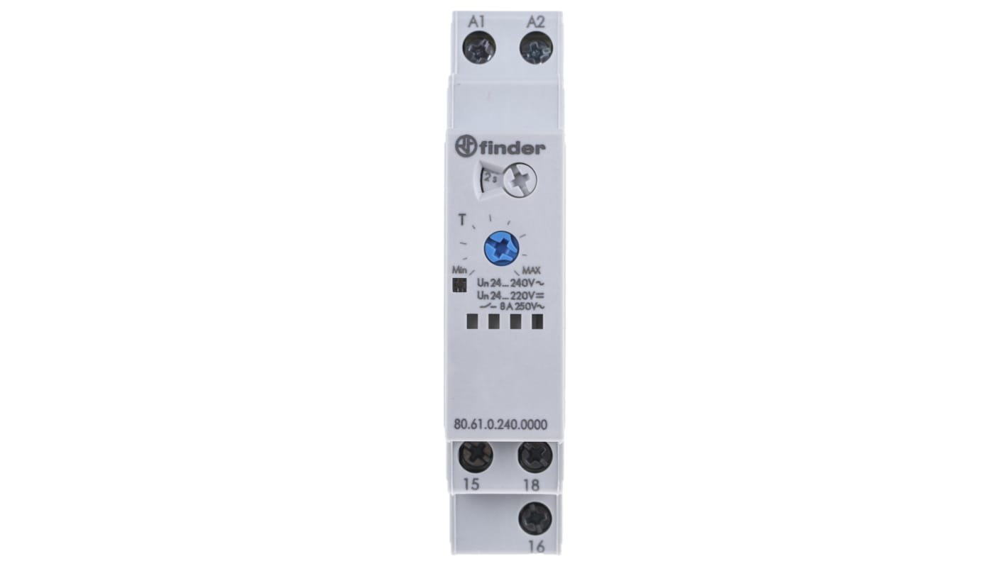 Finder 80 Series Series DIN Rail Mount Timer Relay, 24 → 240V ac/dc, 1-Contact, 0.05 → 180s, 1-Function,