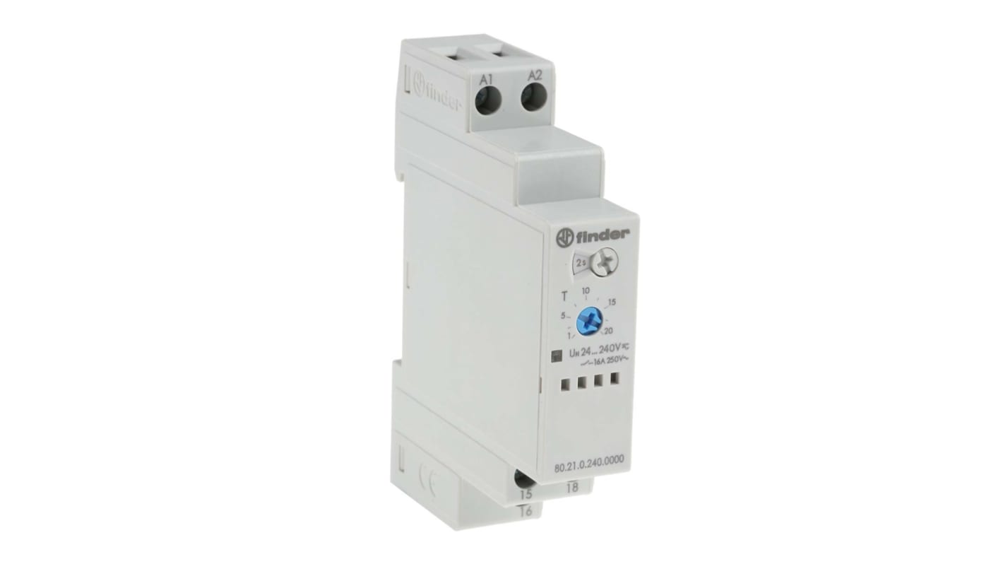 Finder シングル タイマーリレー, 0.1 → 20 s, 0.1 → 20 min, 0.1 → 24h, 24 → 240V ac/dc, SPDT, DINレール, 80