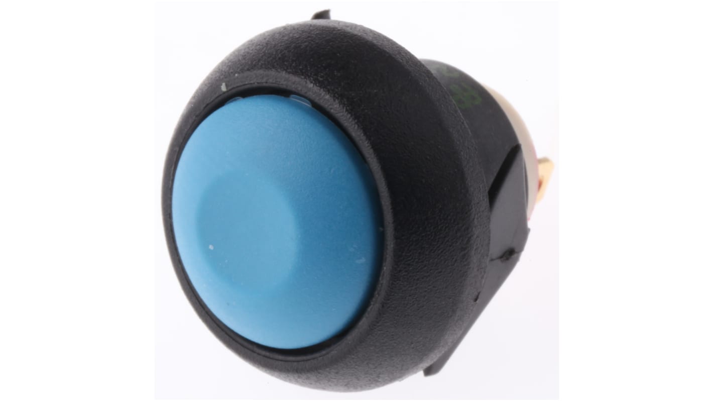Interruptor de Botón Pulsador En Miniatura APEM, color de botón Azul, SPST, acción momentánea, 400 mA a 32 V ac, 32V