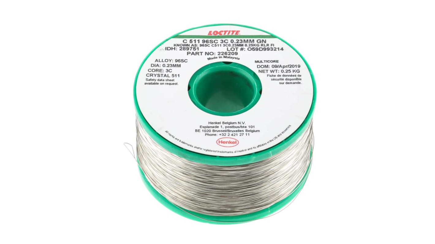 Soudure sans plomb Multicore 0.23mm, 250g, Etain 95.5%, Argent 3.8%, Cuivre 0.7%, fusion à 217°C