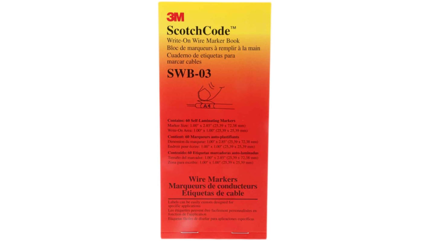 3M SWB -03 Kabelmarkierer Buch, selbstklebend, Weiß, Ø 8mm - 15mm, 2.43m x 5,46 mm, 60 Stück