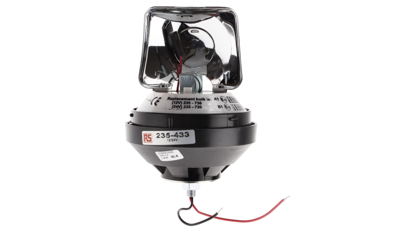 RS PRO 旋转白炽警示灯, 黑色外壳, 12 V 直流，24 V 直流, Φ130mm底座, 表面安装, IP56