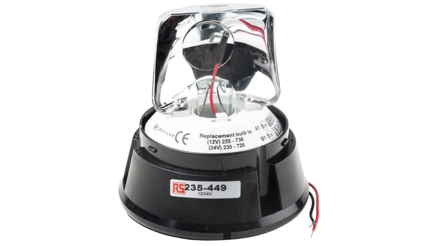 RS PRO 旋转白炽警示灯, 黑色外壳, 12 V 直流，24 V 直流, Φ153mm底座, 表面安装, IP56