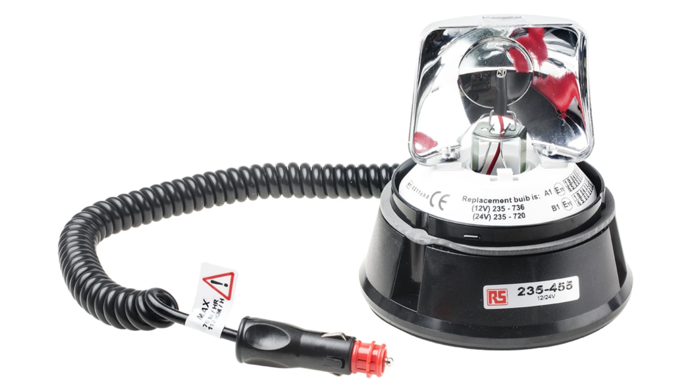 RS PRO 旋转白炽警示灯, 黑色外壳, 12 V 直流，24 V 直流, Φ153mm底座, 表面安装, IP56