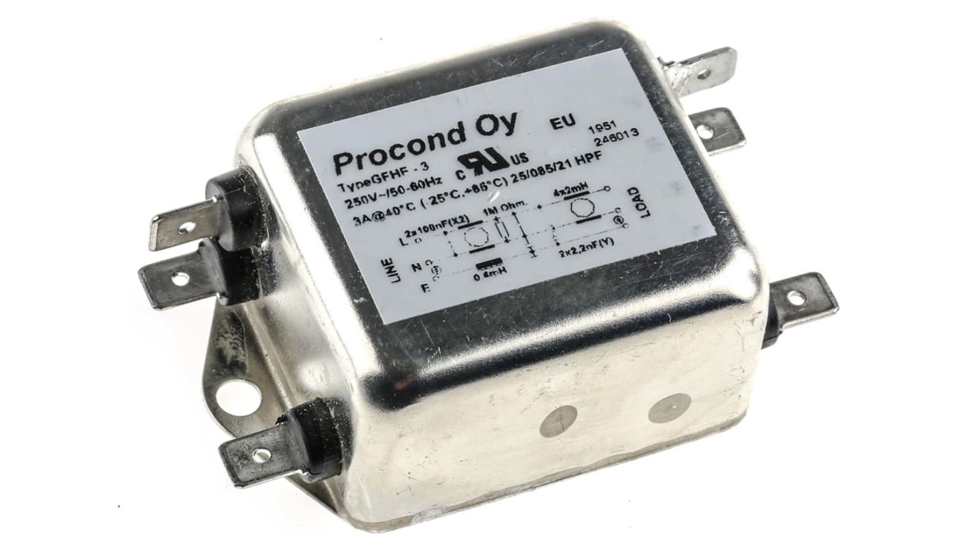 RS PRO 3A 250 V ac 400Hz, Chassis Mount RFI Filter, Tab