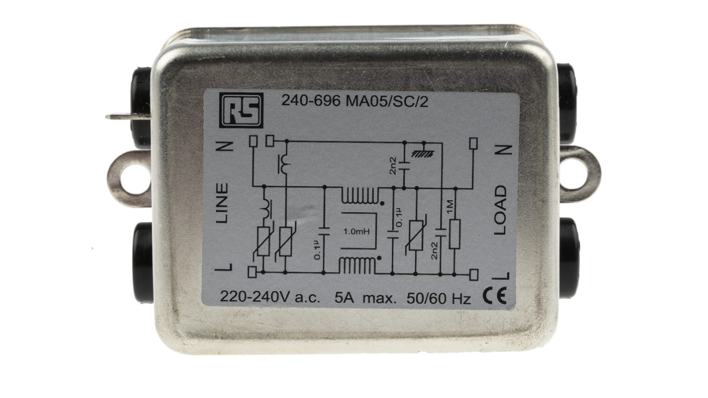 RS PRO Entstörfilter, 240 V ac, 5A, Gehäusemontage, Flachstecker < 0,3 mA / 50/60Hz Three Stage Zustände