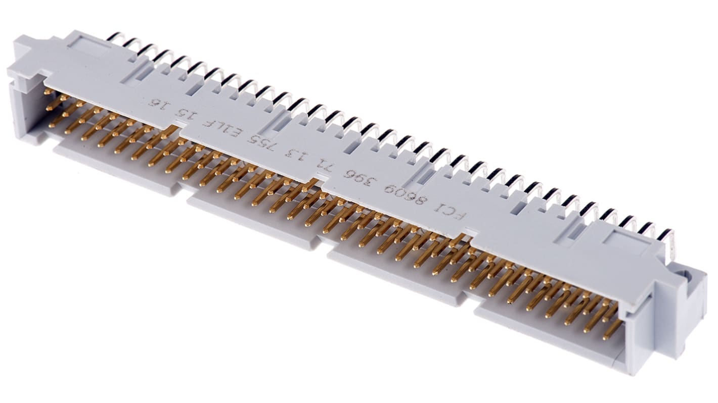 Amphenol ICC C型DIN41612欧式连接器公插, 96针, 3行, 2.54mm节距, THT安装, 焊接端接, 直角