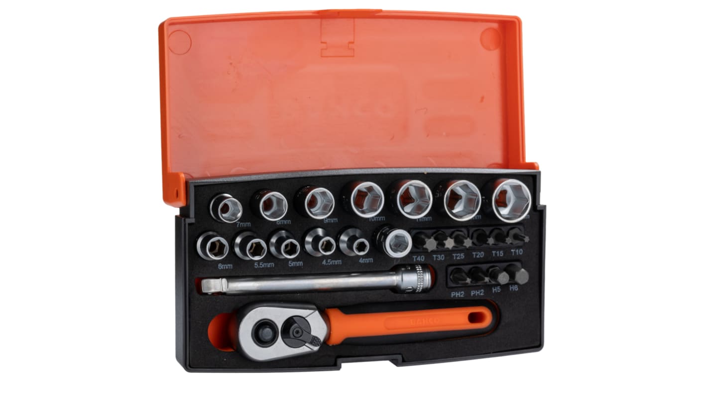 Bahco 25-Piece Metric 1/4 in Standard Socket/Bit Set with Ratchet, 6 point; Hex Bit; Phillips Bit; Torx Bit