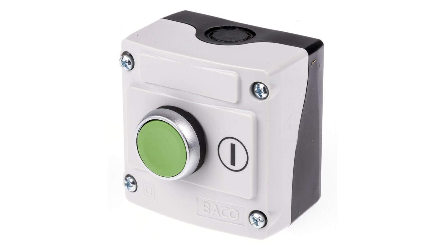 BACO Spring Return Push Button Control Station, Plastic, Green, IP66