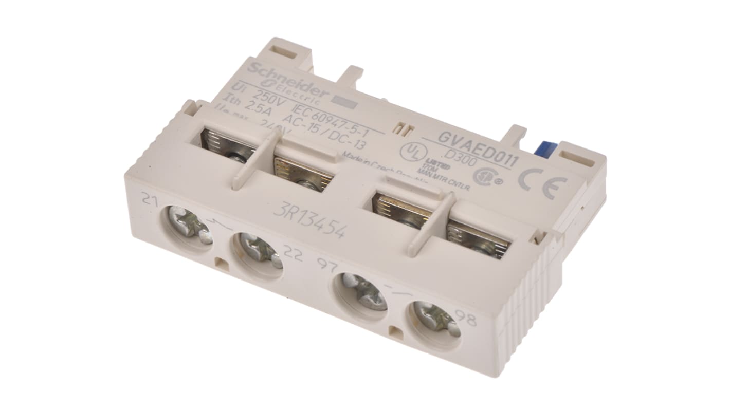 Schneider Electric Auxiliary Contact Block, 2 Contact, 1NC + 1NO, Front Mount GVAE