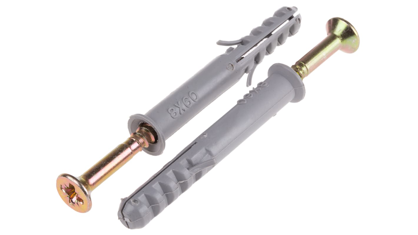 RS PRO 尼龙膨胀钉, 60mm长, 8mm固定孔直径, 最大固定厚度20mm, 适用混凝土，砖石上的紧固