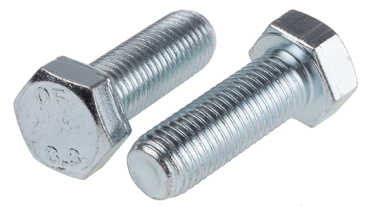 RS PRO Bright Zinc Plated Steel Hex, Hex Bolt, M16 x 45mm