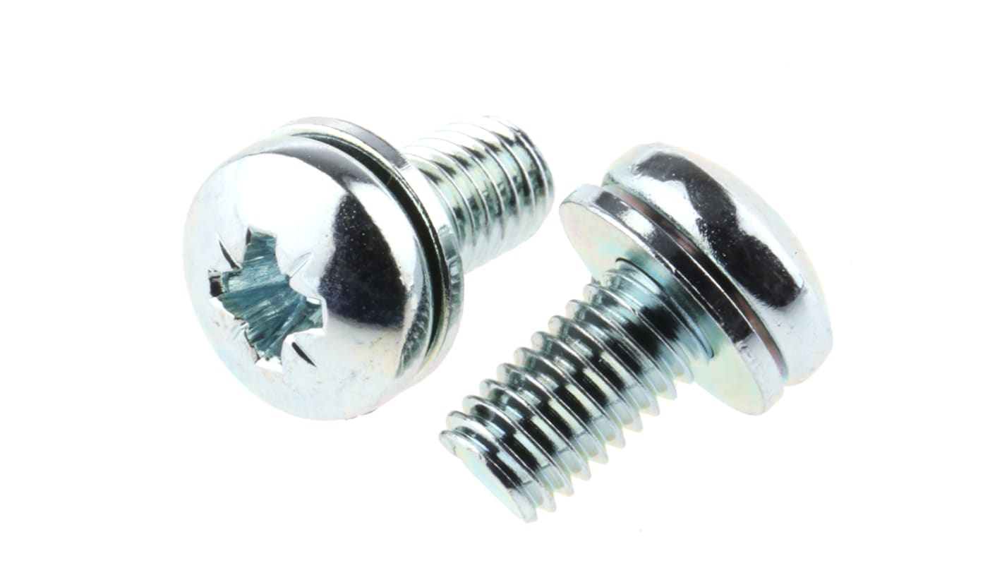 RS PRO M5 x 10mm Zinc Plated Steel Pan Head Sems Screw, Plain Washer