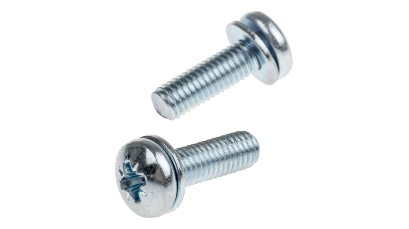 RS PRO M5 x 16mm Zinc Plated Steel Pan Head Sems Screw, Plain Washer