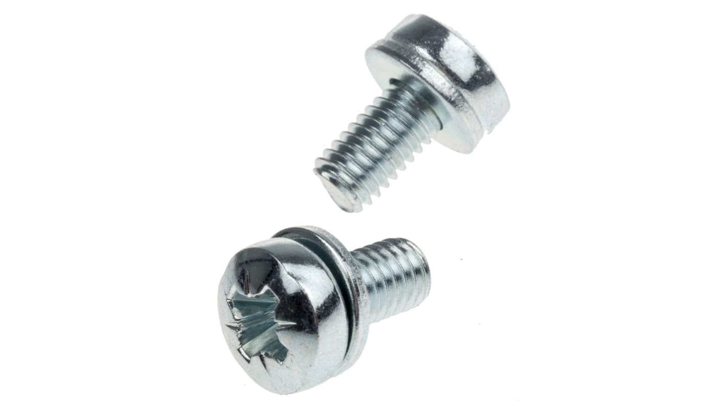 RS PRO M6 x 12mm Zinc Plated Steel Pan Head Sems Screw, Plain Washer