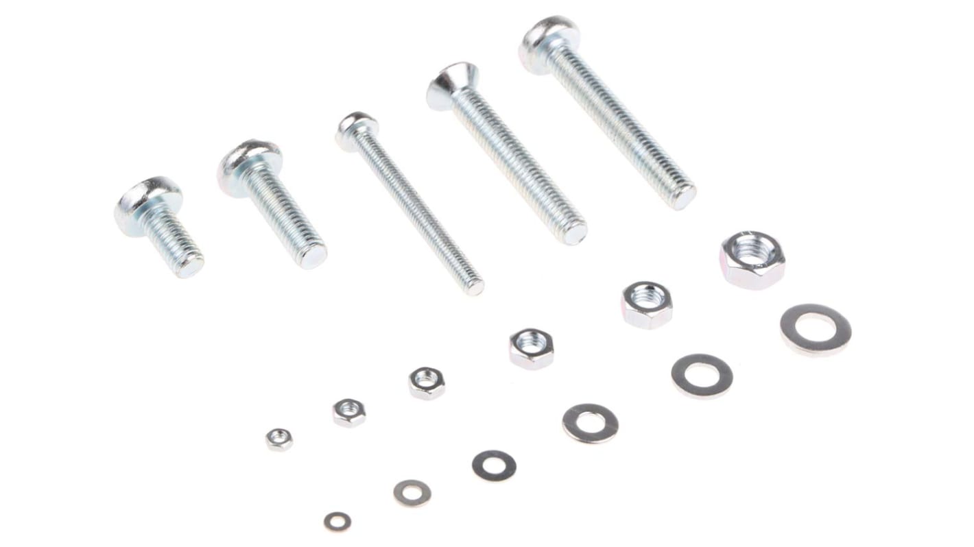 RS PRO Stahl Schrauben Sortiment Flach, Flachrund, M2, M2.5, M3, M4, M5, M6 x 6 → 40mm, 3165 Stück