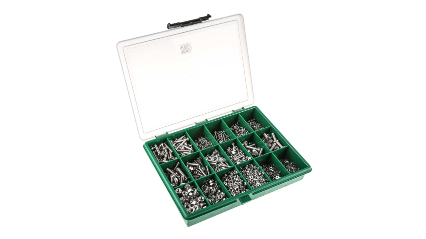 RS PRO Edelstahl A2 304 Schrauben Sortiment Flach, Flachrund, M2, M2.5, M3, M4, M5, M6 x 6 → 25mm, 3168 Stück