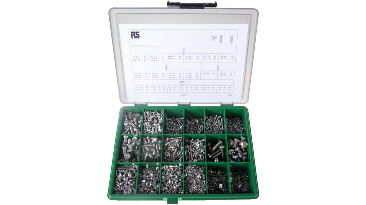 RS PRO Stainless Steel 3168 Piece Pozidriv Drive Screw/Bolt Kit