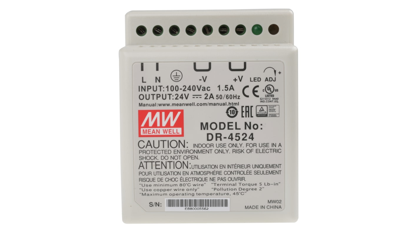 Mean Well DR Switch Mode DIN Rail Panel Mount Power Supply, 85 → 264V ac ac Input, 24V dc dc Output, 2A Output,