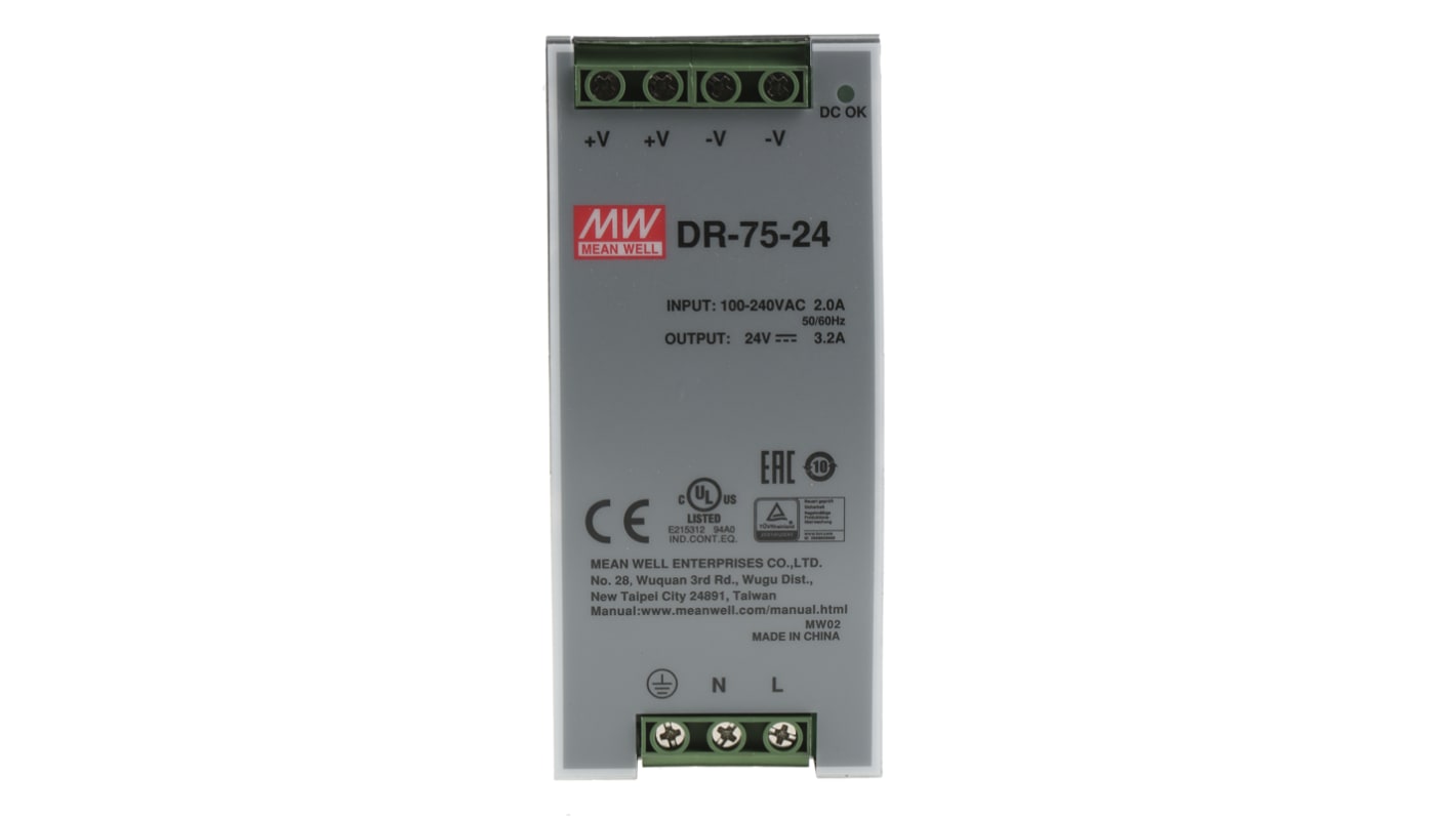 Mean Well DR Switch Mode DIN Rail Panel Mount Power Supply, 120 → 370 V dc, 85 → 264 V ac, 24V dc, 3.2A