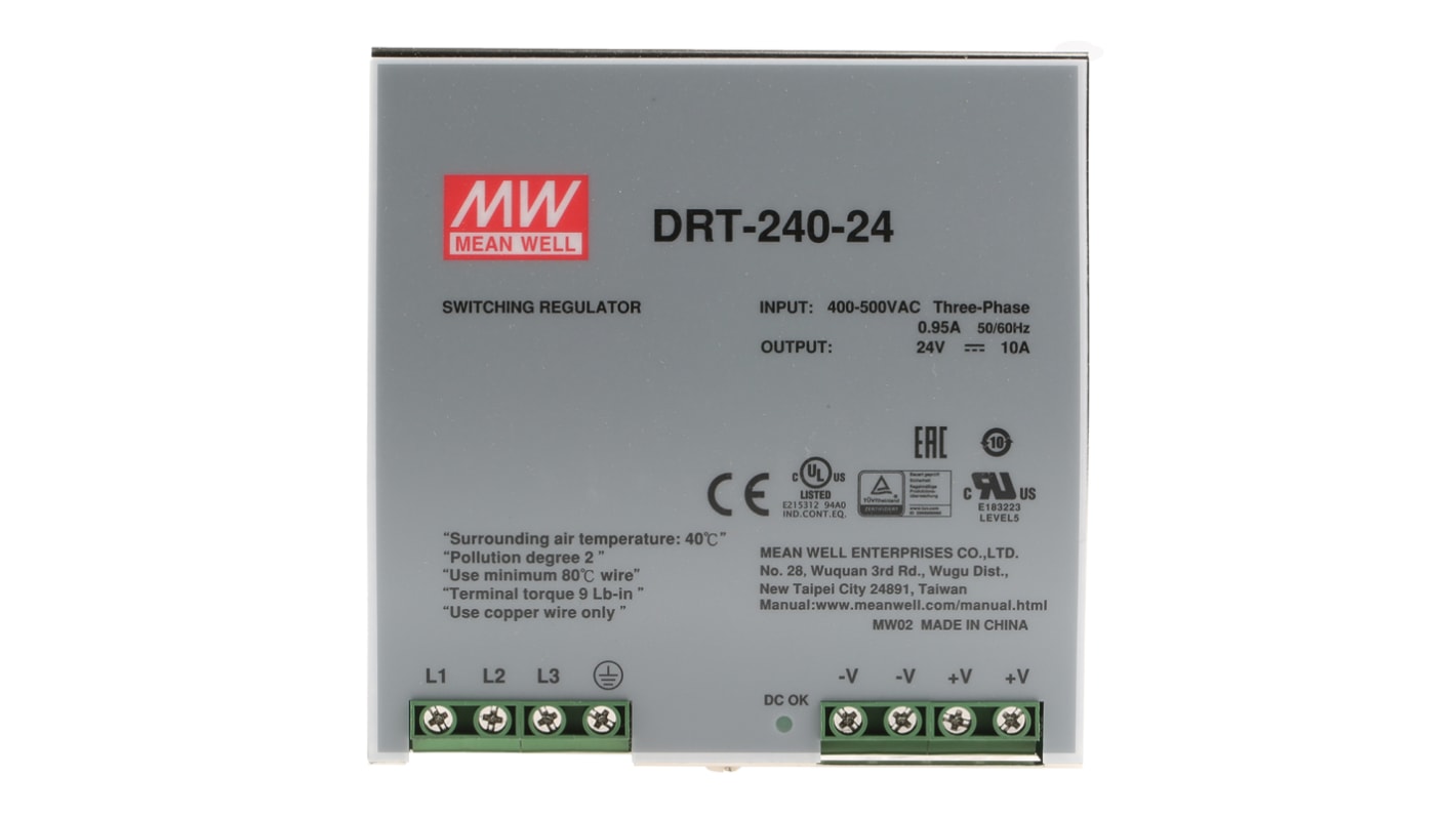 Mean Well DRT Switch Mode DIN Rail Panel Mount Power Supply, 340 → 550V ac ac Input, 24V dc dc Output, 10A