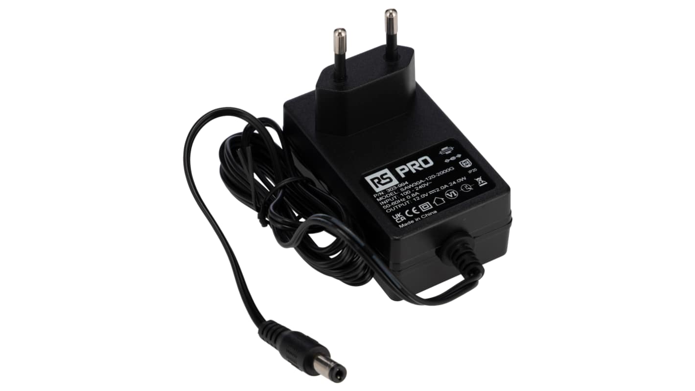 RS PRO 24W Plug-In AC/DC Adapter 12V dc Output, 2A Output