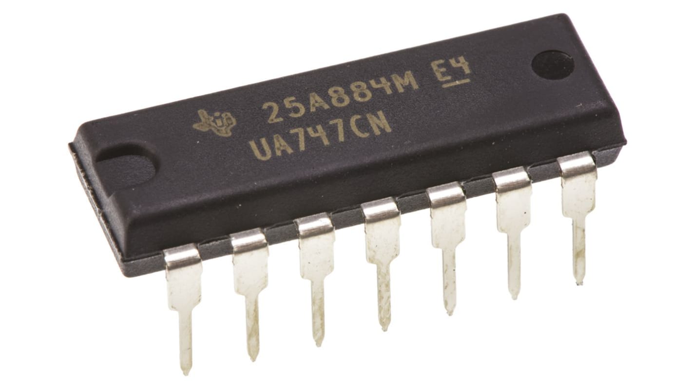 UA747CN Texas Instruments, Op Amp, 1MHz, 14-Pin PDIP