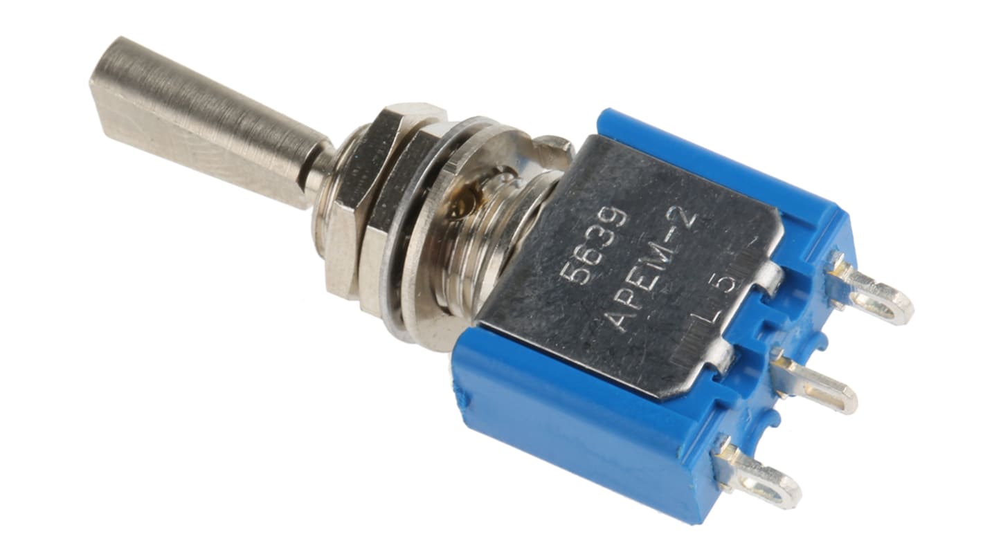APEM Toggle Switch, Panel Mount, On-Off-On, SPDT, Solder Terminal