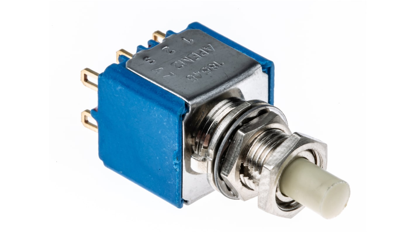 Interruptor de Botón Pulsador En Miniatura APEM, color de botón Negro, DPDT, acción momentánea, 100 mA a 30 V dc, 30V
