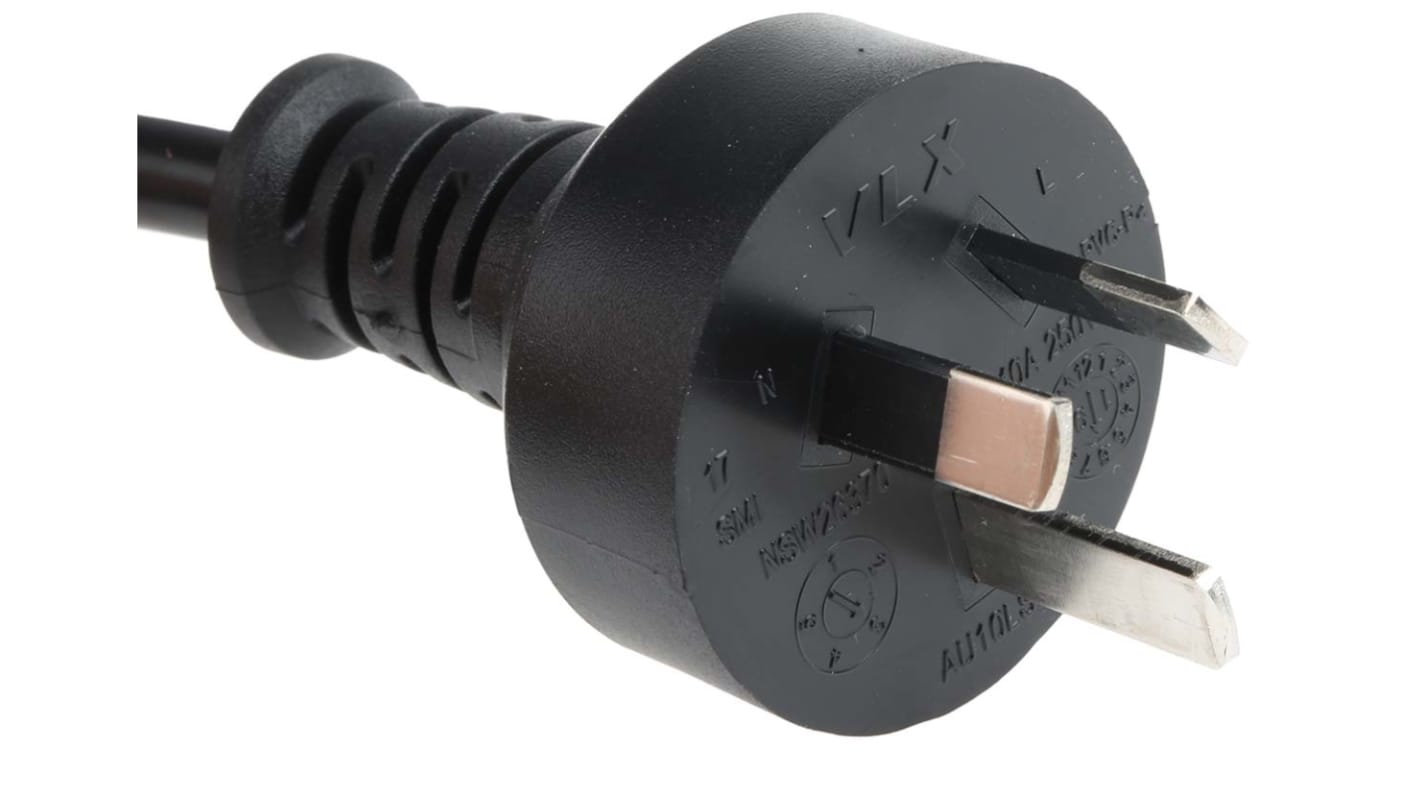 RS PRO Konfektioniertes Stromkabel, A offenes Ende, B Australischer Stecker Typ I / Stecker, 10 A, 2.5m Schwarz,  250 V
