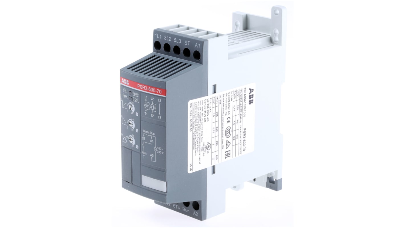 ABB 软启动器, 3相, 1.5 kW, 600 V 交流, 3.9 A, IP20, 113.5mm x 45mm x 140mm, PSR系列