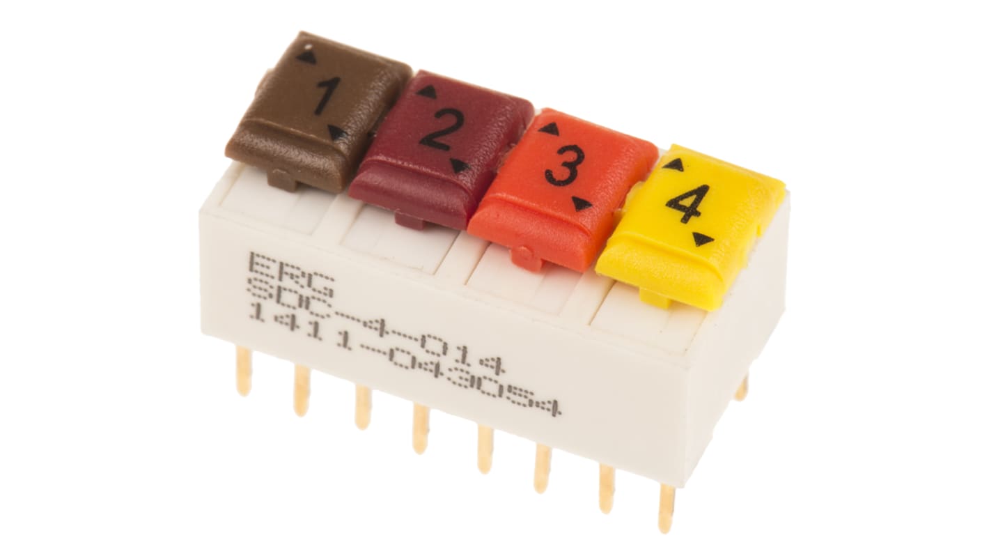 ERG 4位DIP开关, 滑动执行器, SPST触点, 通孔安装