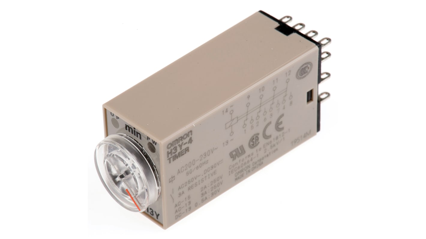 オムロン シングル タイマーリレー, 0.5 → 10min, 200 → 230V ac, 4PDT, DINレール, 表面実装, H3Y シリーズ