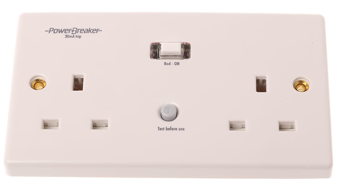 Powerbreaker PowerBreaker H 13A, BS Fixing, Passive, 2 Gang RCD Socket, Surface Mount, 230 V ac, White