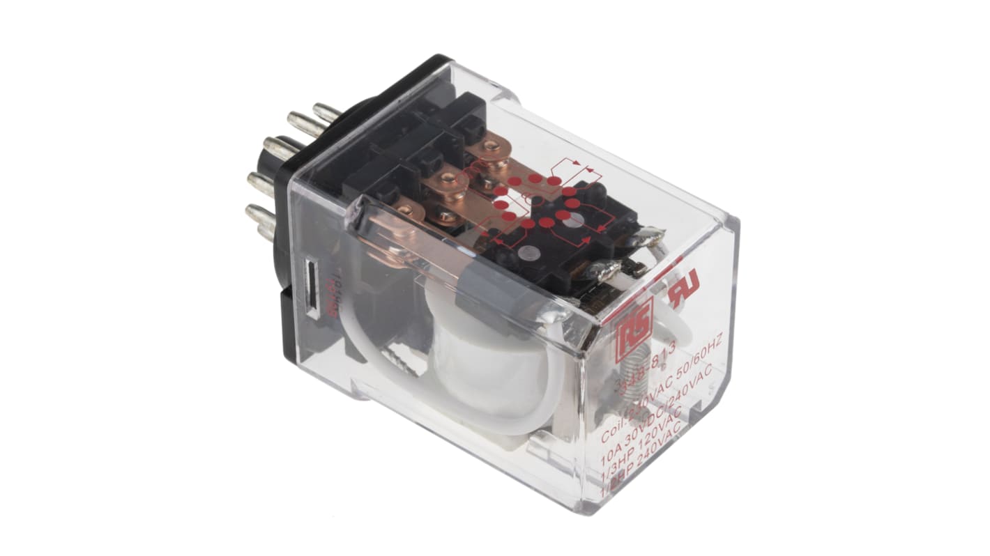 RS PRO 功率继电器, 230V 交流线圈, 10A切换, 3PDT, 3极, 插入式安装, 银合金触点