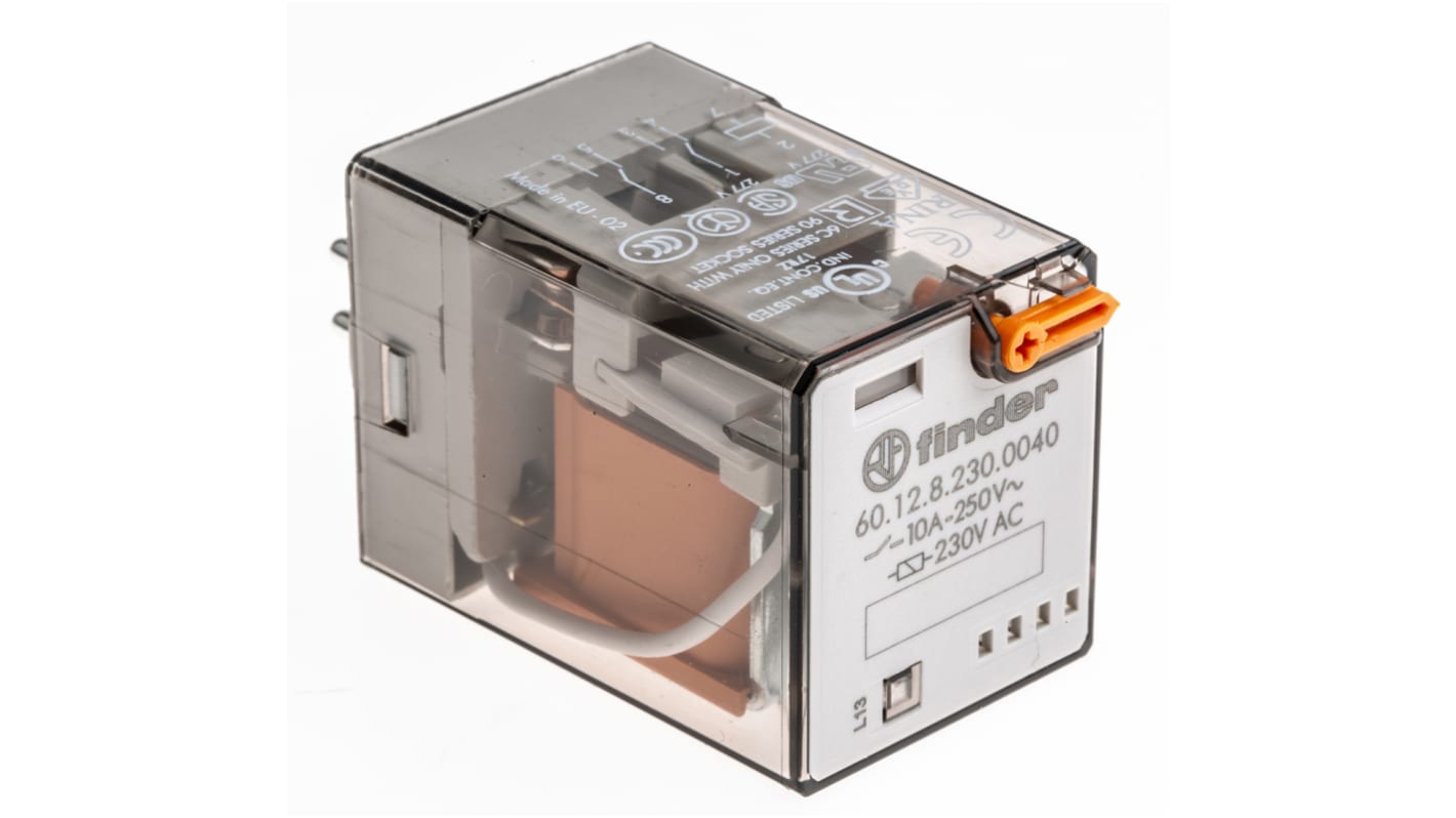 Finder Plug In Power Relay, 230V ac Coil, 10A Switching Current, DPDT