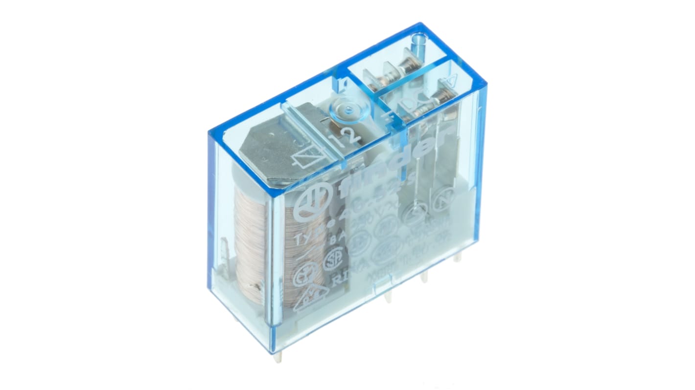 Relé de potencia sin enclavamiento Finder 40 Series de 2 polos, DPDT, bobina 12V dc, 8A, Montaje en PCB