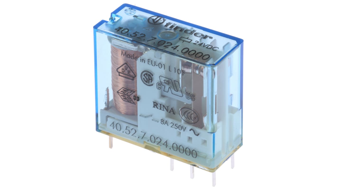 Finder PCB Mount Power Relay, 24V dc Coil, 8A Switching Current, DPDT