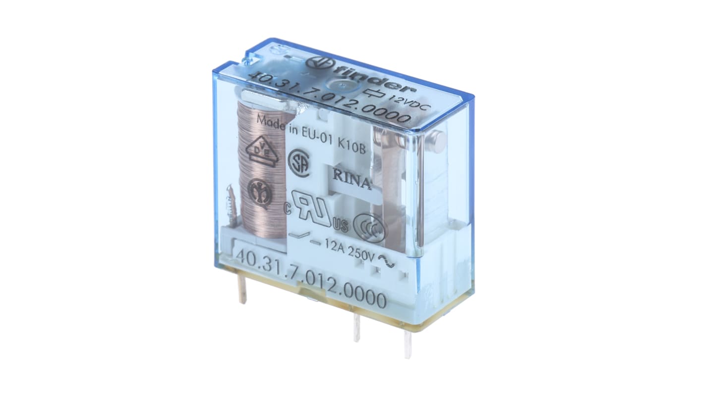 Relè di potenza Finder serie 40 Series, SPDT, bobina 12V cc, Montaggio su circuito stampato