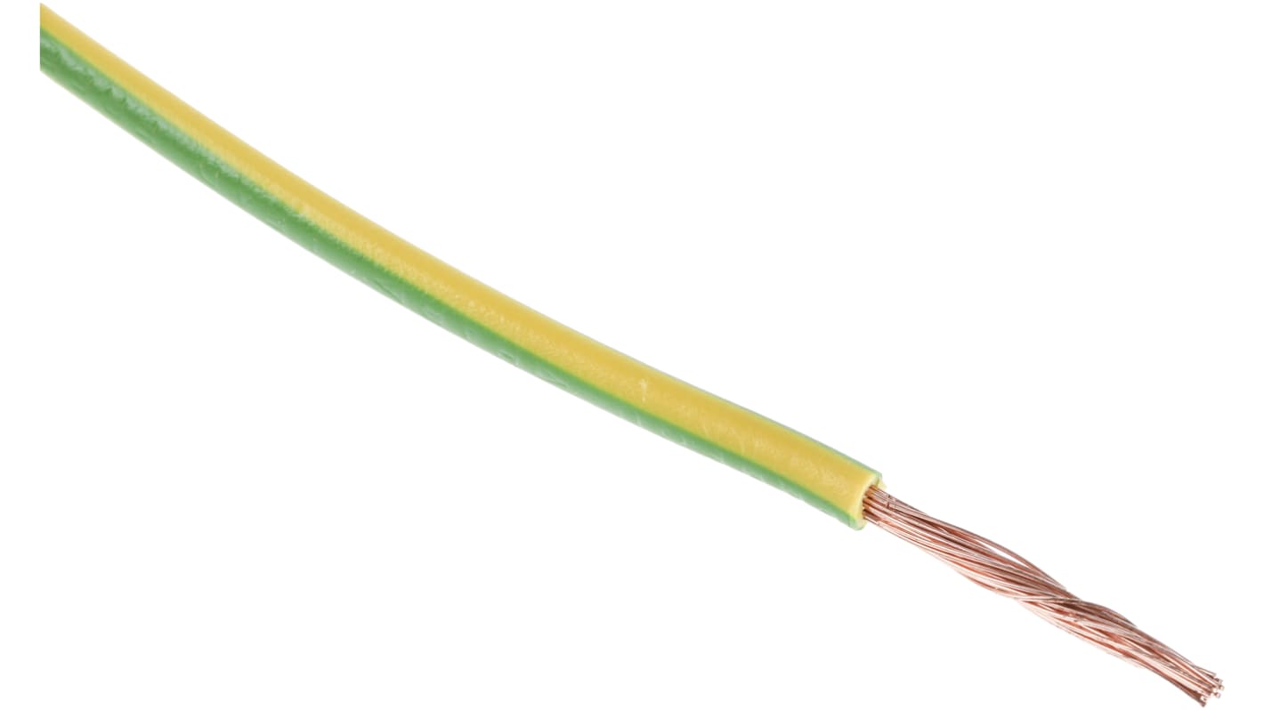 RS PRO Green/Yellow 2.5mm² Hook Up Wire, 13 AWG, 7/0.67 mm, 100m, PVC Insulation
