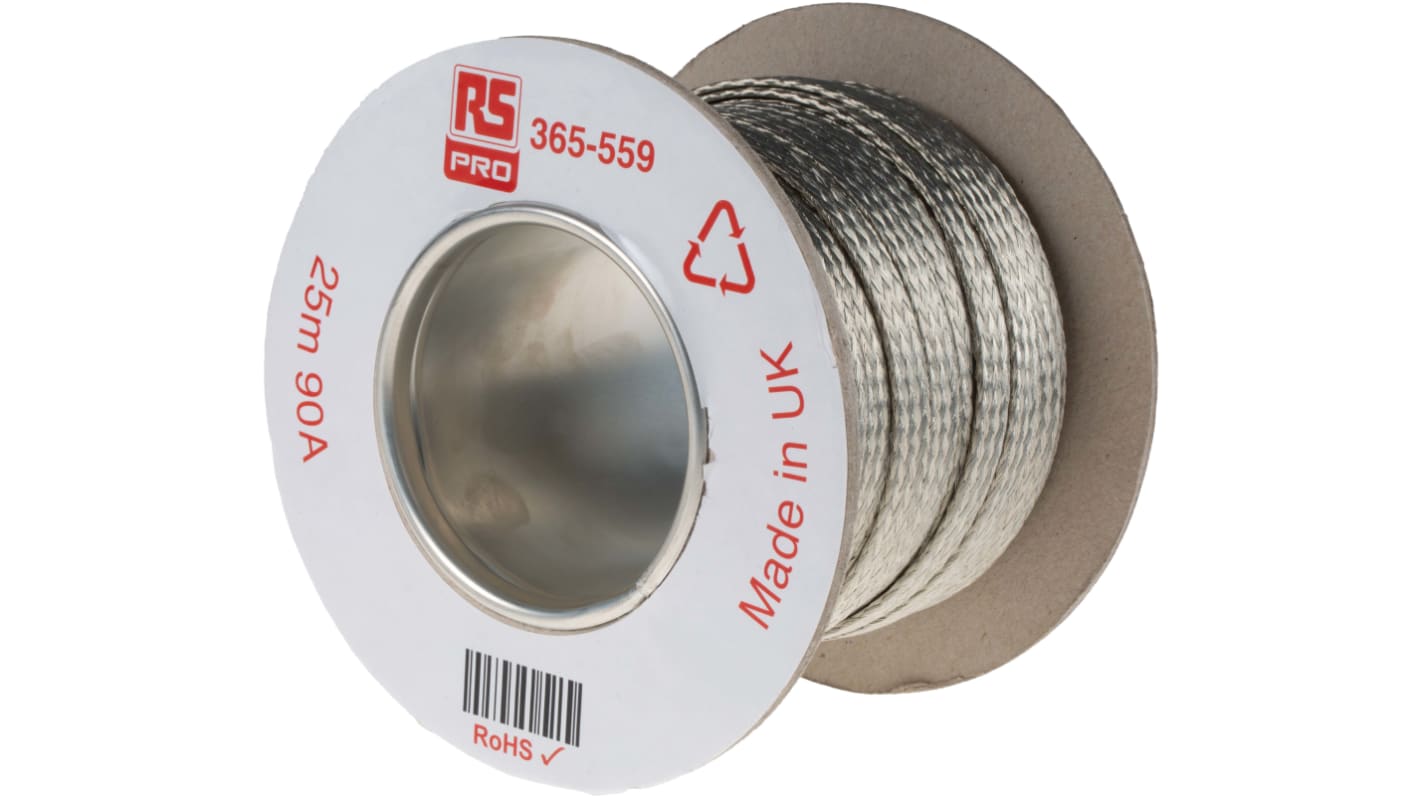 RS PRO 9.05 mm²铜编织带, 25m长, 90 A, 1.91 Ω/km镀锡铜导体
