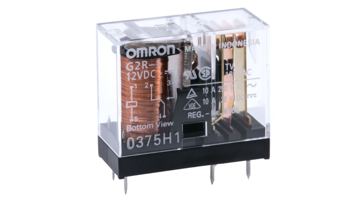 Omron 功率继电器, 12V 直流线圈, 10A切换, SPDT, 1极, PCB安装, 银触点, G2R-1系列