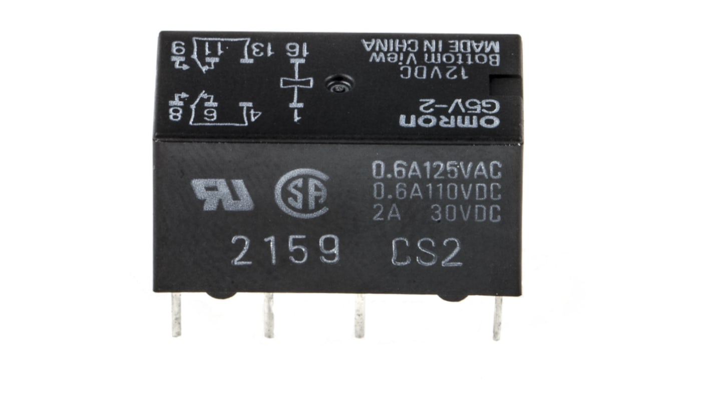 Omron PCB Mount Signal Relay, 12V dc Coil, 2A Switching Current, DPDT
