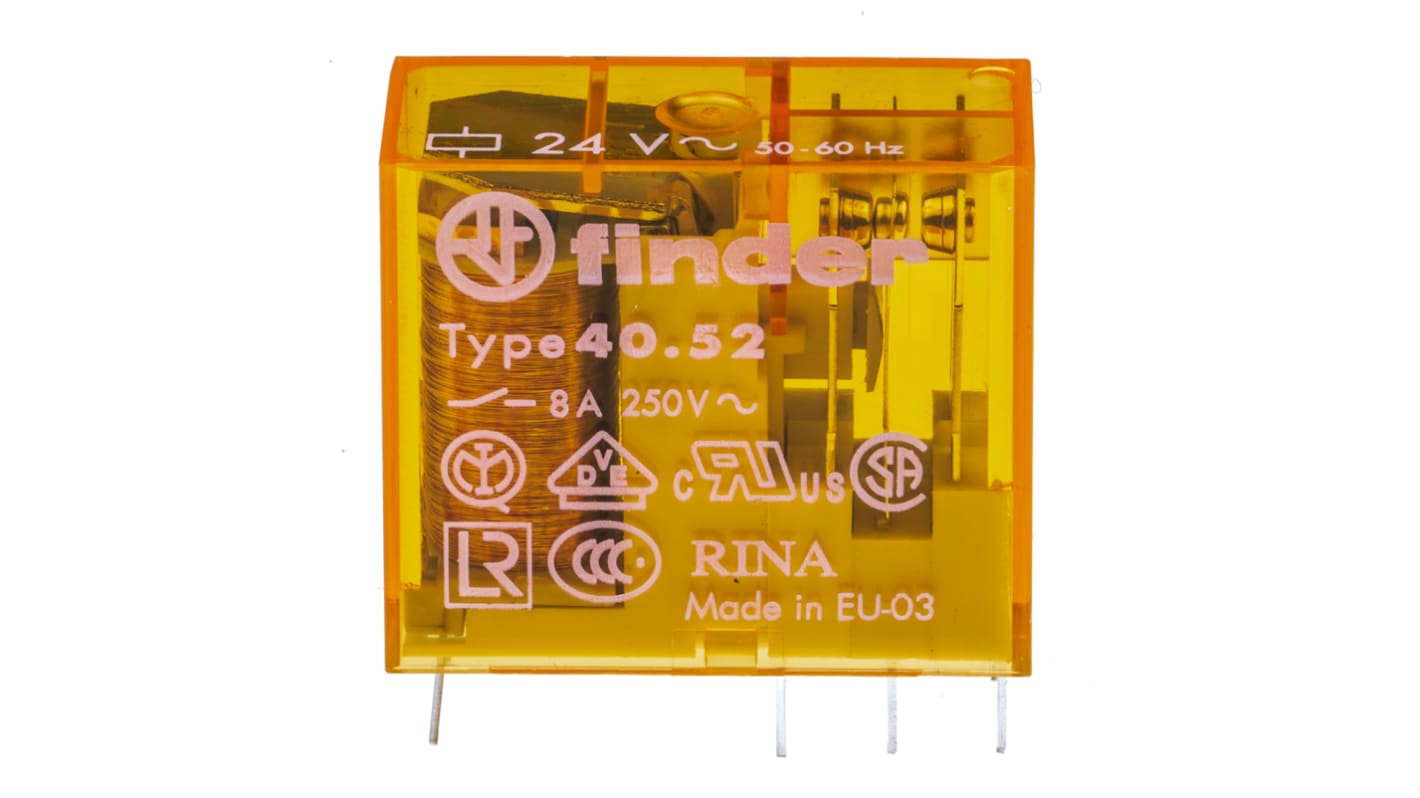 Relè di potenza Finder serie 40, DPDT, bobina 24V ca, Montaggio su circuito stampato